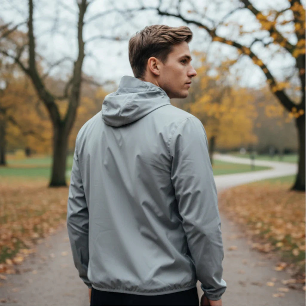 Mand iført grå Sprinta Letvægtsjakke går på en sti i parken om efteråret – vindtæt og vandafvisende jakke ideel til løb og cykling i køligt vejr