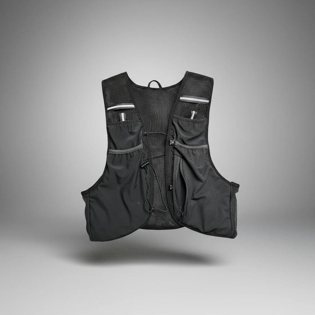 Sprinta Løbevest Air – ultralet unisex løbevest med åndbart mesh og 7 lommer til vandflasker, mobil og nøgler. Perfekt til hverdagsløb og maraton.