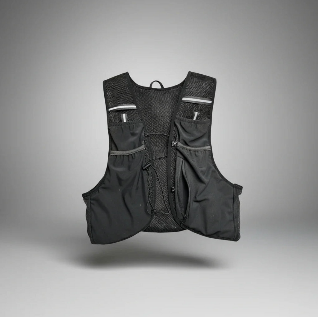 Sprinta Løbevest Air i sort – ultralet og åndbar løbevest med justerbare stropper og 7 lommer til opbevaring af væske, energi og udstyr under træning og konkurrence