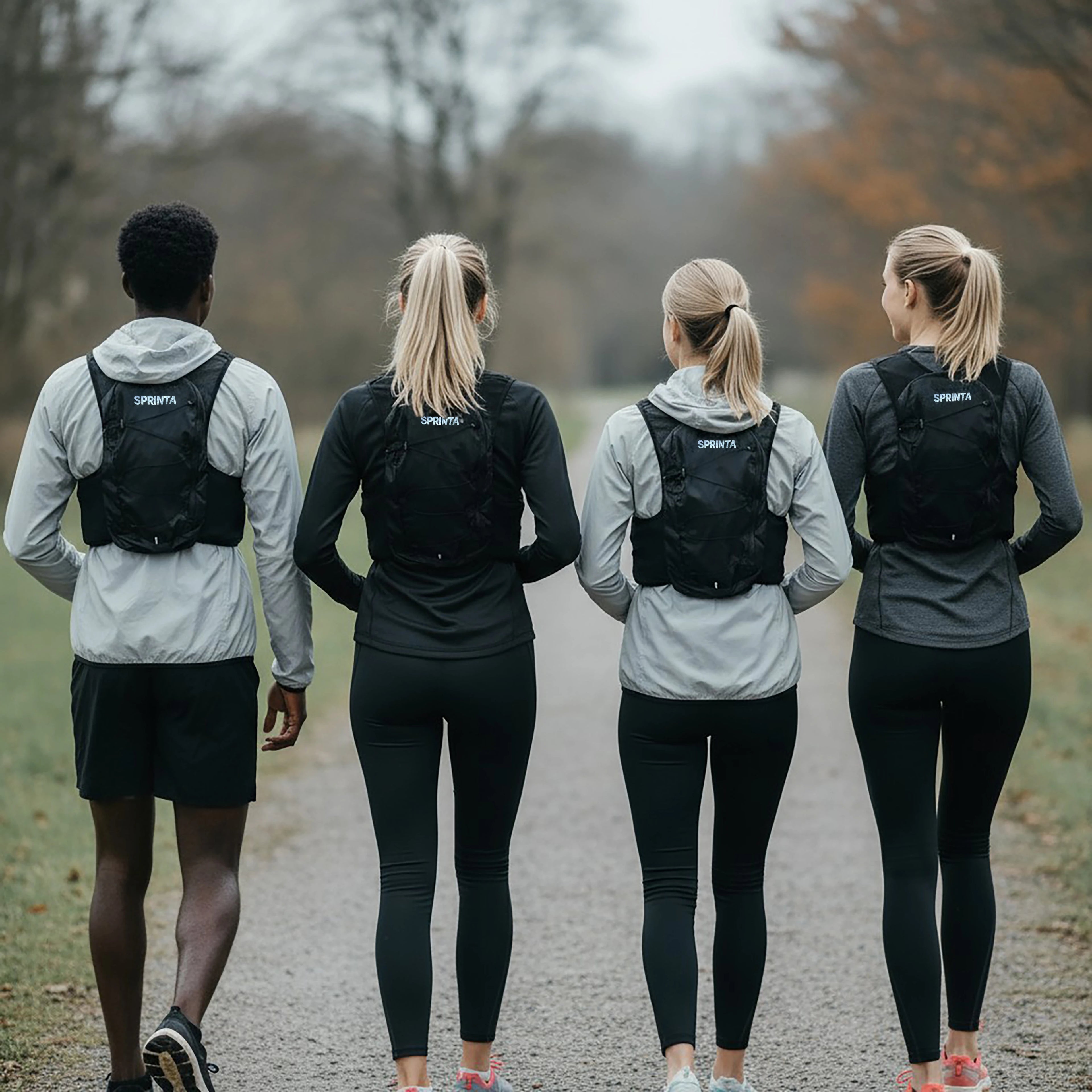 Fire løbere iført Sprinta Løbevest Air set bagfra – unisex løbevest med stor baglomme, refleksdetaljer og ergonomisk pasform. Designet til hverdagsløb, træning og længere ture i komfortabelt fit.