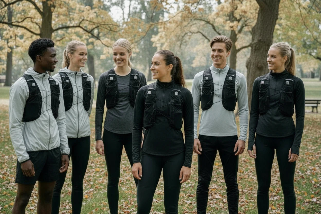 Gruppe af løbere iført Sprinta Løbevest Air – unisex løbevest i let og åndbart design med justerbare stropper og flere lommer til flasker, telefon og udstyr. Perfekt til hverdagsløb og træning i byen.