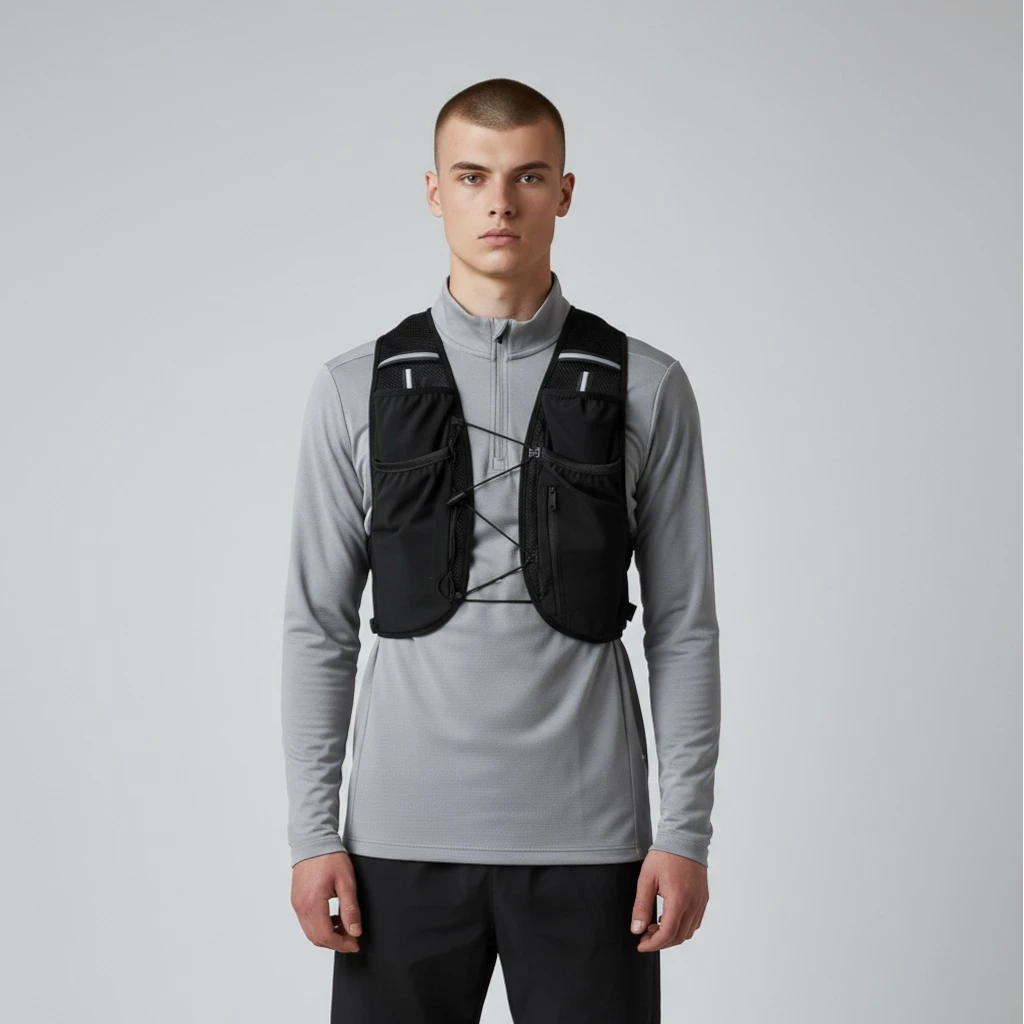 Mand iført Sprinta Løbevest Air – let og justerbar unisex løbevest med ergonomisk pasform, refleksdetaljer og frontlommer til flasker og gels.