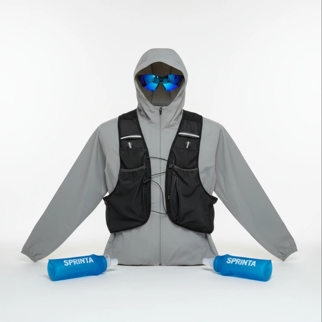 Sprinta Performance Pakke med løbevest, letvægtsjakke, sportsbriller og to Soft Flask 500 ml – komplet sæt til løb og cykling med fokus på komfort, bevægelsesfrihed og funktionelt design