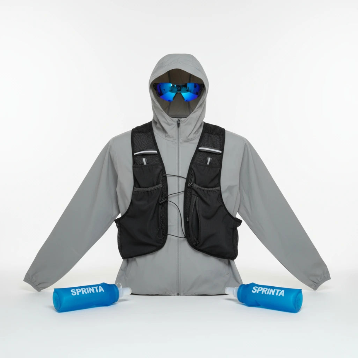 Sprinta Performance Pakke med løbevest, letvægtsjakke, sportsbriller og to Soft Flask 500 ml – komplet sæt til løb og cykling med fokus på komfort, bevægelsesfrihed og funktionelt design